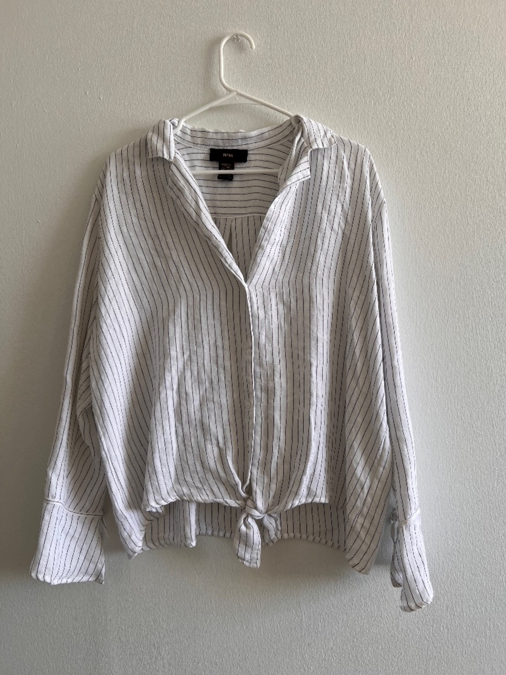 White Pinstripe Tie-Front Button Down Blouse